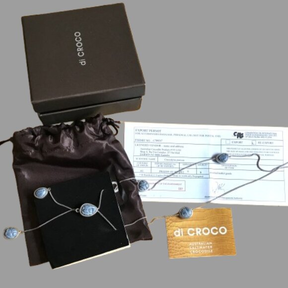 Brand New Australian di CROCO Crocodile Skin Pebbles Silver Necklace Pouch & Box - Picture 1 of 4